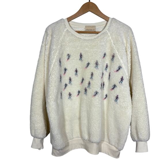 Judith March Ski Season Fuzzy Pullover Sweatshirt Casual Open Neck Cream - XL - Picture 1 of 5